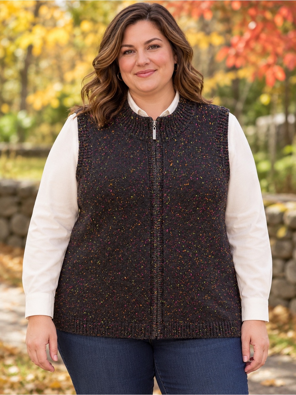 Coldwater Creek 1X Black Confetti Knit Zip Front Sweater Vest Ramie Blend